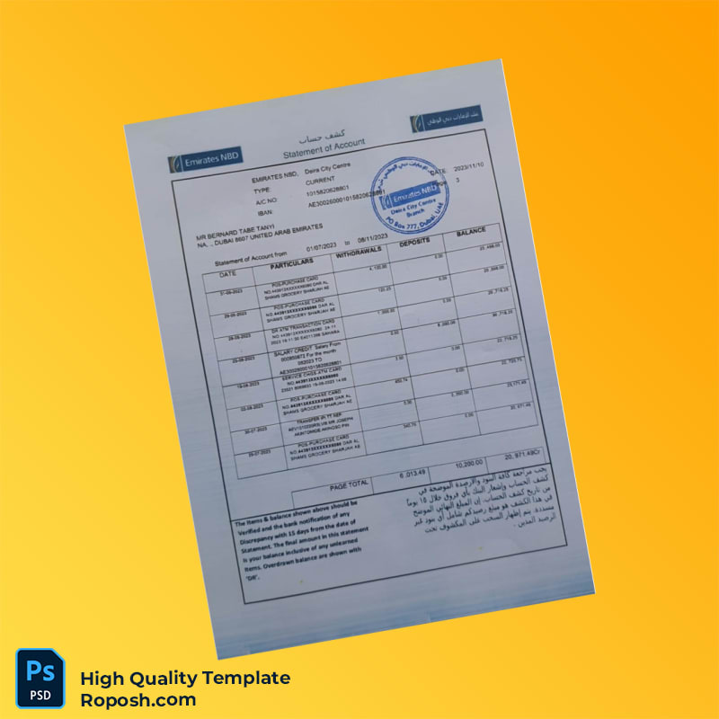 UAE Emirates NBD Statement of Account Template in Word and PDF formats 4 page UAE Emirates NBD Statement of Account Template in Word and PDF formats 4 page