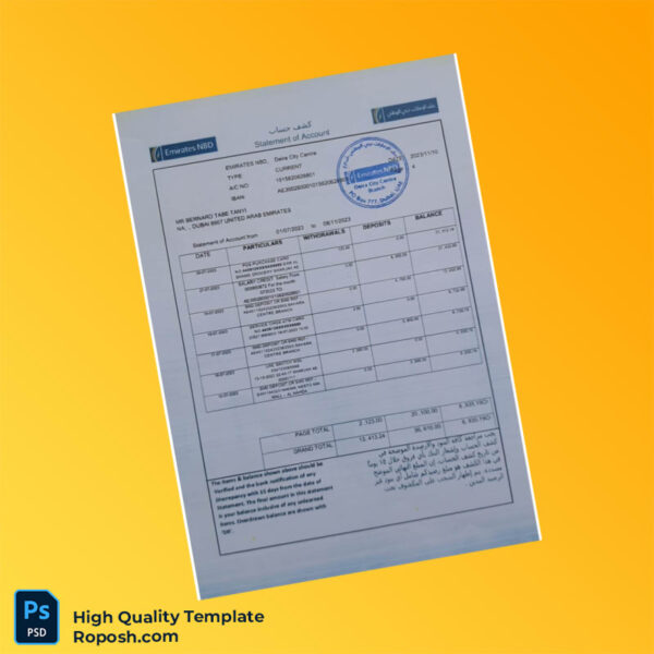 UAE Emirates NBD Statement of Account Template in Word and PDF formats 4 page