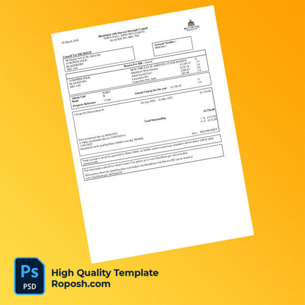 UK Blackburn with Darwen Borough Council Editable Council Tax Bill Template in Word and PDF formats