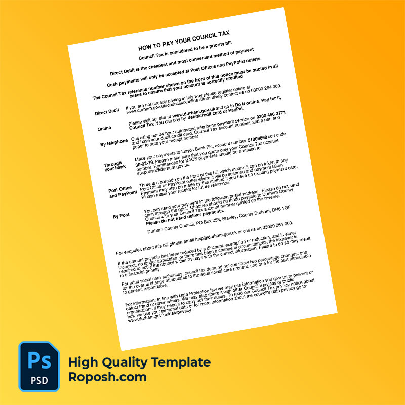 UK Durham County Council Editable Council Tax Bill Template in Word and PDF formats UK Durham County Council Editable Council Tax Bill Template in Word and PDF formats
