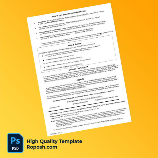 UK England Harrow Council Editable Council Tax Bill Template in Word and PDF formats
