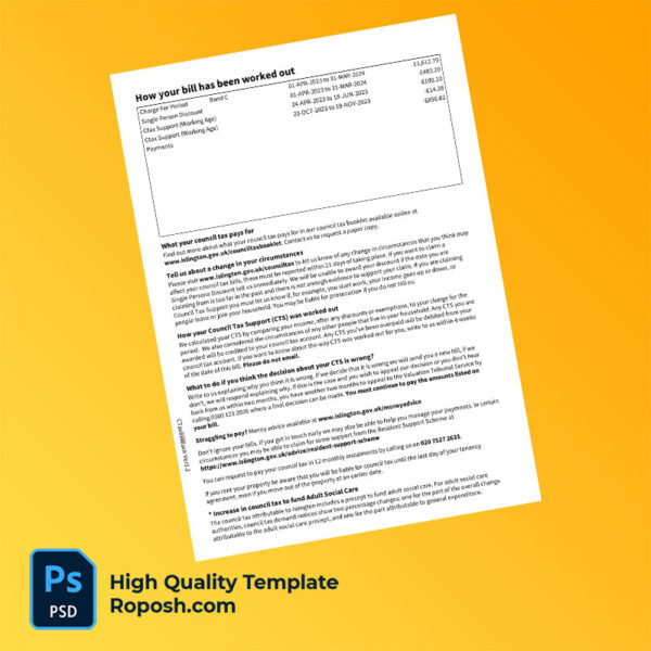 UK England Islington Council Editable Council Tax Bill Template in Word and PDF formats