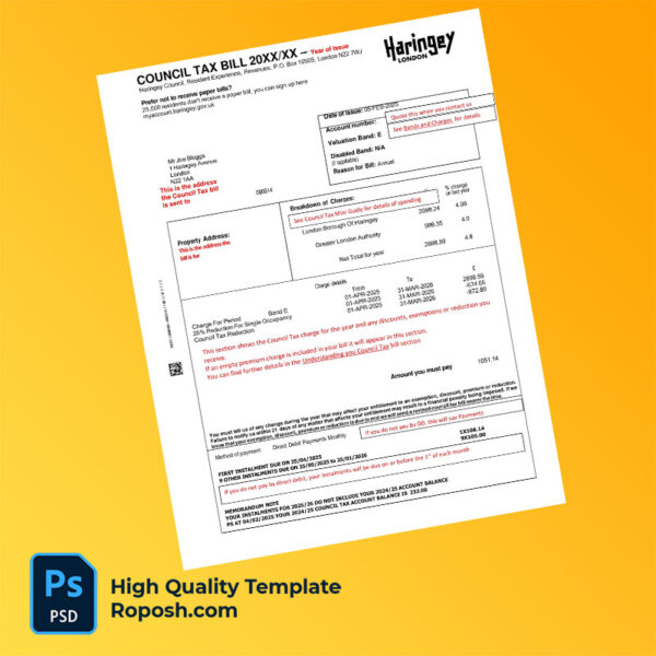 UK Haringey Editable Council Tax Bill Template in Word and PDF formats