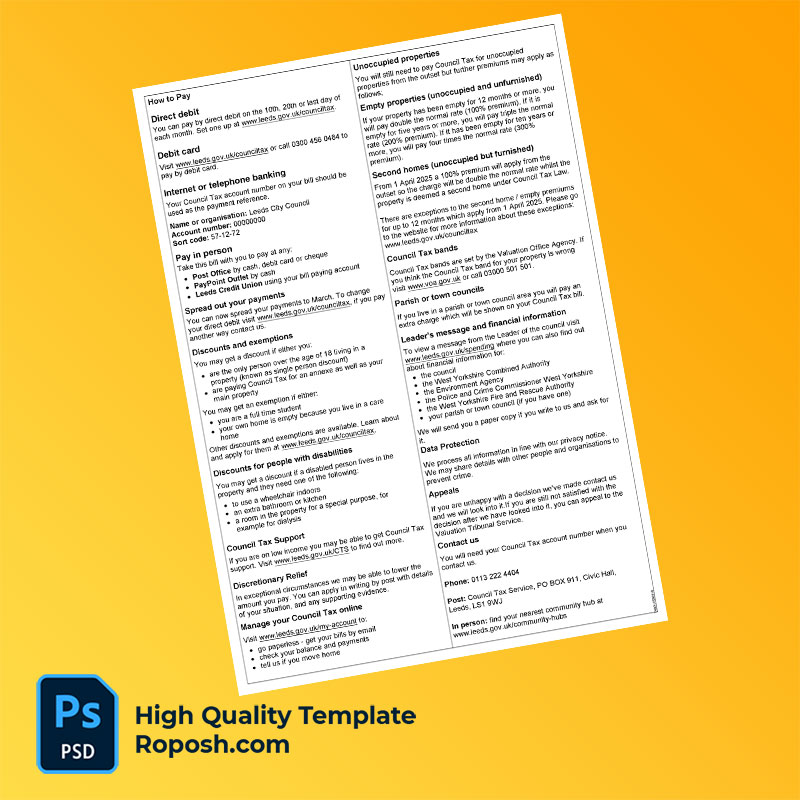 UK Leeds City Council Editable Council Tax Bill Template in Word and PDF formats UK Leeds City Council Editable Council Tax Bill Template in Word and PDF formats