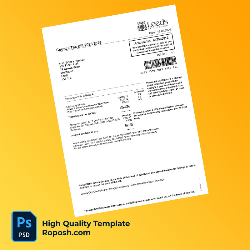 UK Leeds City Council Editable Council Tax Bill Template in Word and PDF formats UK Leeds City Council Editable Council Tax Bill Template in Word and PDF formats