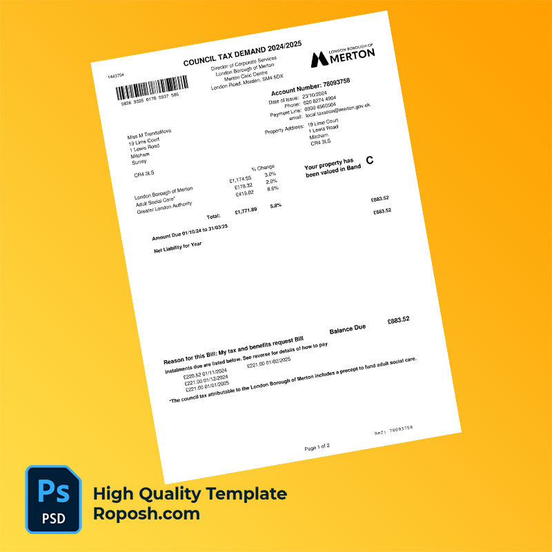 UK London Borough of Merton Editable Council Tax Bill Template in Word and PDF formats UK London Borough of Merton Editable Council Tax Bill Template in Word and PDF formats