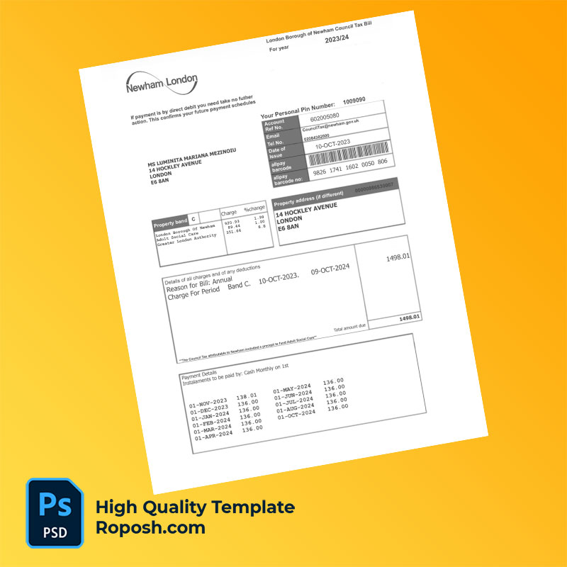 UK London Borough of Newham Editable Council Tax Bill Template in Word and PDF formats UK London Borough of Newham Editable Council Tax Bill Template in Word and PDF formats