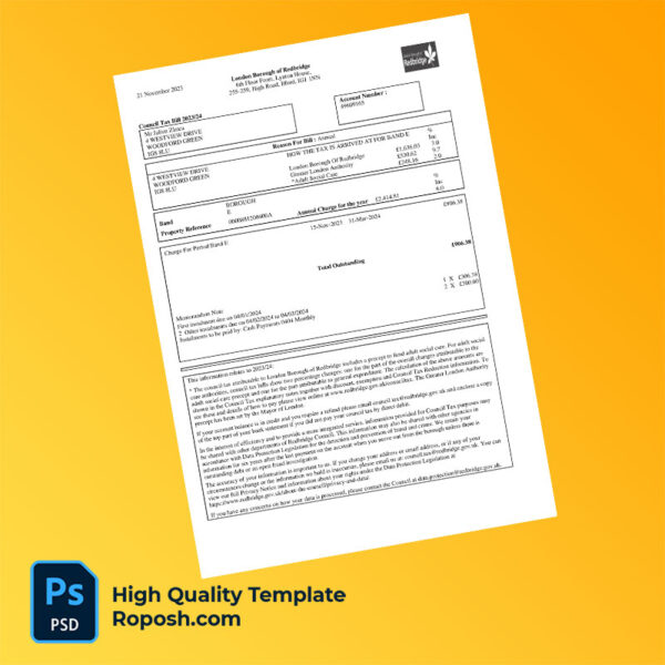 UK London Borough of Redbridge Editable Council Tax Bill Template in Word and PDF formats
