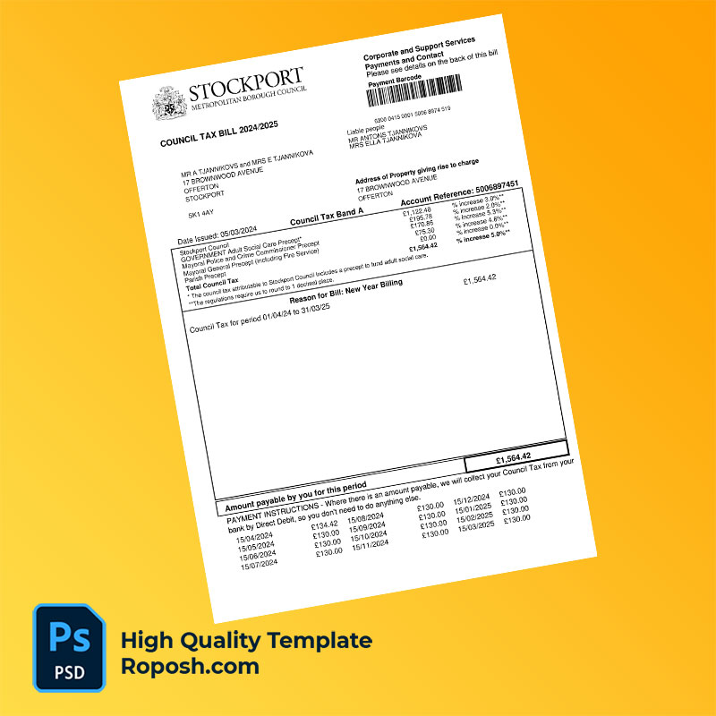 UK Stockport Council Editable Council Tax Bill Template in Word and PDF formats UK Stockport Council Editable Council Tax Bill Template in Word and PDF formats