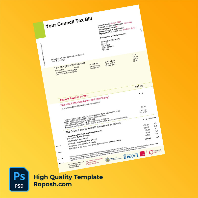 UK Telford & Wrekin Council Editable Council Tax Bill Template in Word and PDF formats UK Telford & Wrekin Council Editable Council Tax Bill Template in Word and PDF formats