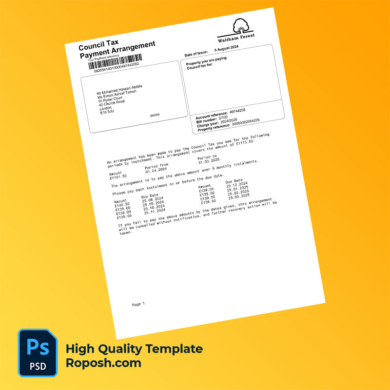 UK Waltham Forest Borough Council Editable Council Tax Bill Template in Word and PDF formats UK Waltham Forest Borough Council Editable Council Tax Bill Template in Word and PDF formats