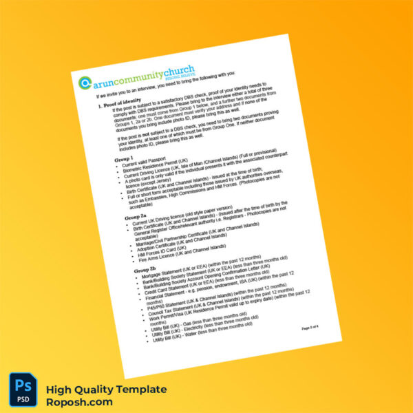 UK Arun Community Church Editable Application Form Notes Template in Word and PDF formats 4 page