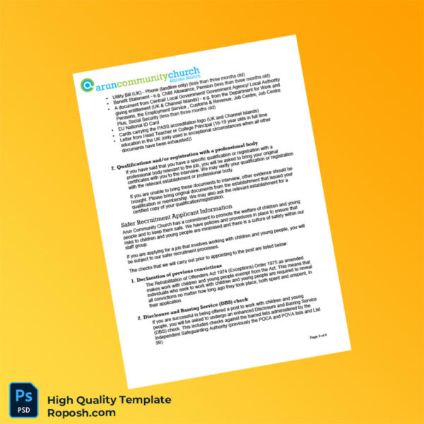 UK Arun Community Church Editable Application Form Notes Template in Word and PDF formats 4 page