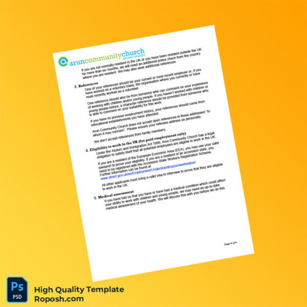 UK Arun Community Church Editable Application Form Notes Template in Word and PDF formats 4 page