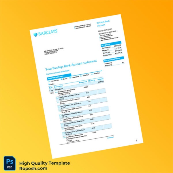 UK Barclays Bank Statement Template in Word and PDF formats