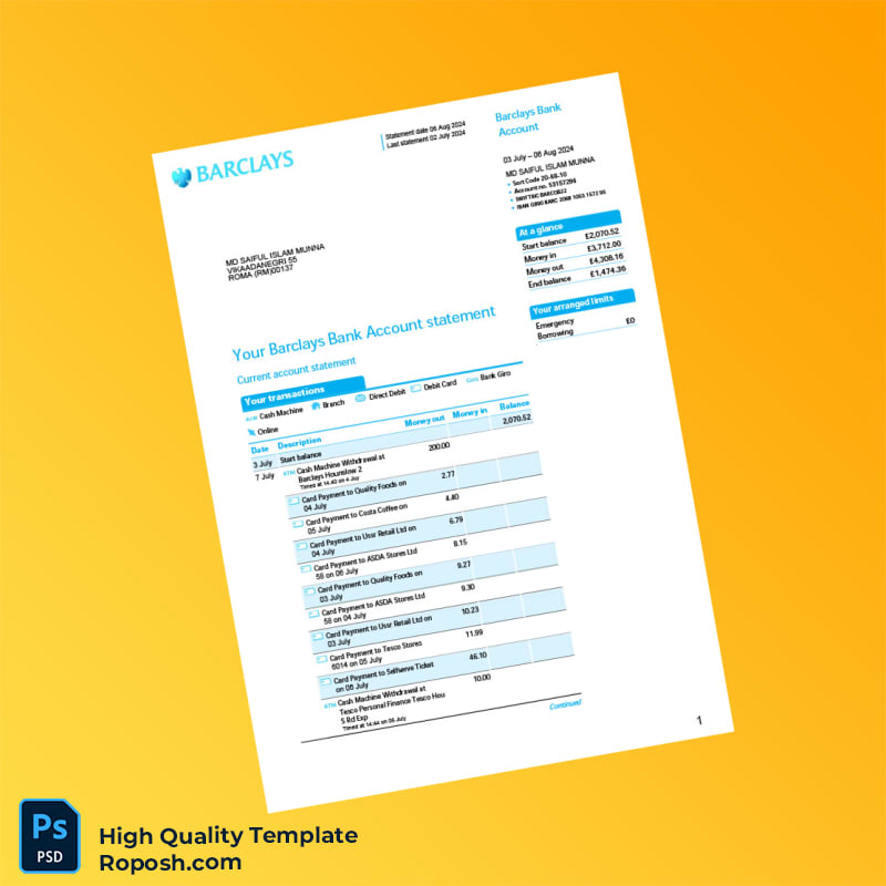 UK Barclays Bank Statement Template in Word and PDF formats UK Barclays Bank Statement Template in Word and PDF formats