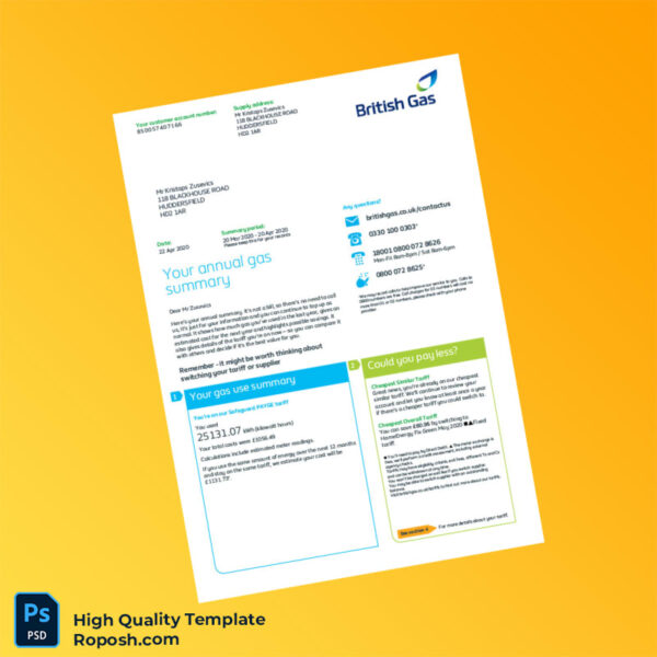UK British Gas Editable Annual Gas Summary Template in Word and PDF formats 4 page