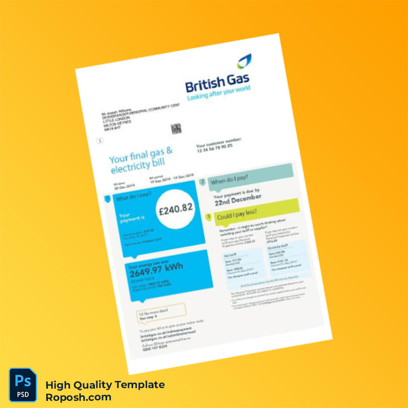 UK British Gas Editable Electricity Gas Utility Bill Template in Word and PDF formats UK British Gas Editable Electricity Gas Utility Bill Template in Word and PDF formats