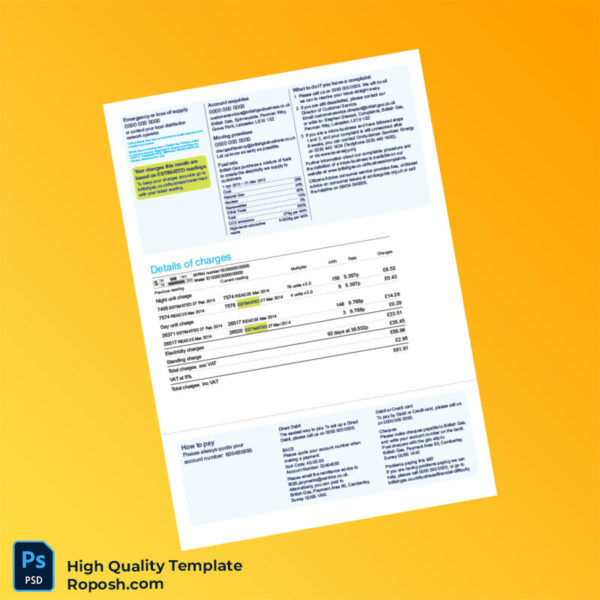 UK British Gas Editable Gas Bill Template in Word and PDF formats 2 page
