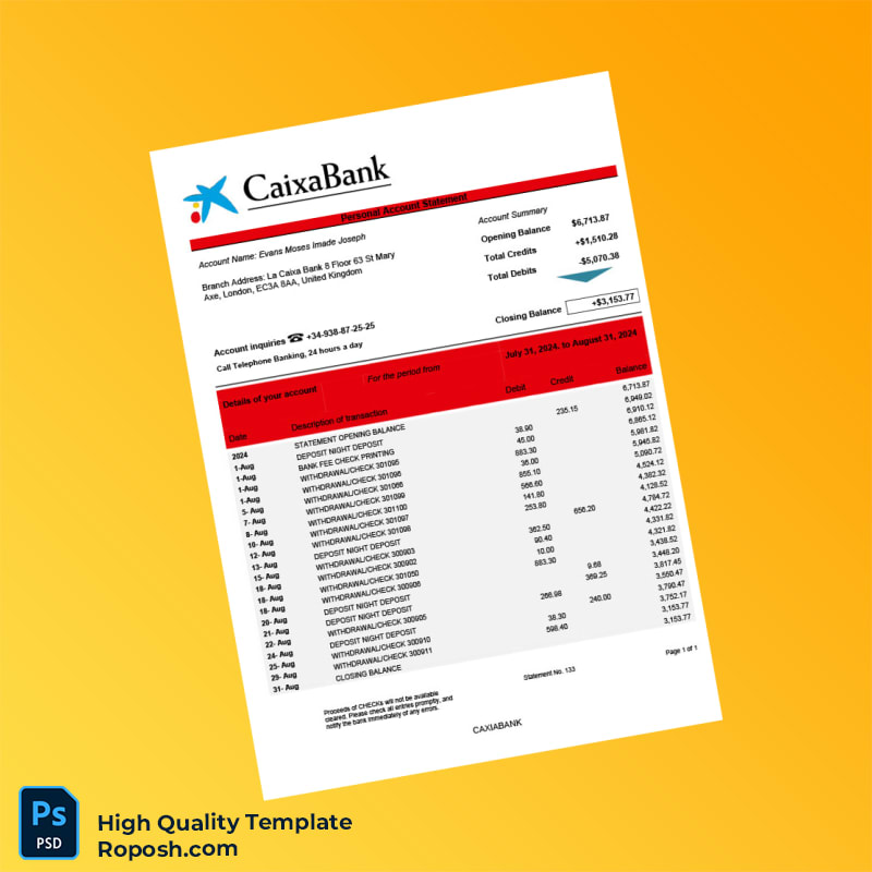 UK CAIXABANK Bank Statement Template in Word and PDF formats UK CAIXABANK Bank Statement Template in Word and PDF formats