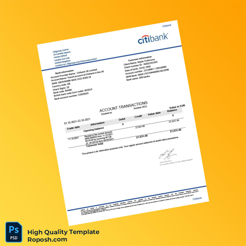 UK Citibank Account Statement Template in Word and PDF formats UK Citibank Account Statement Template in Word and PDF formats