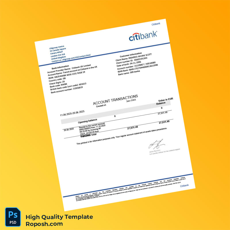 UK Citibank Bank Statement Template in Word and PDF formats UK Citibank Bank Statement Template in Word and PDF formats