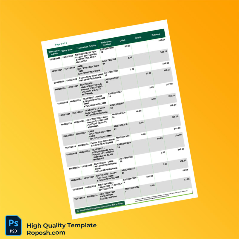 UK Cooperative Bank Statement Template in Word and PDF formats 5 page UK Cooperative Bank Statement Template in Word and PDF formats 5 page