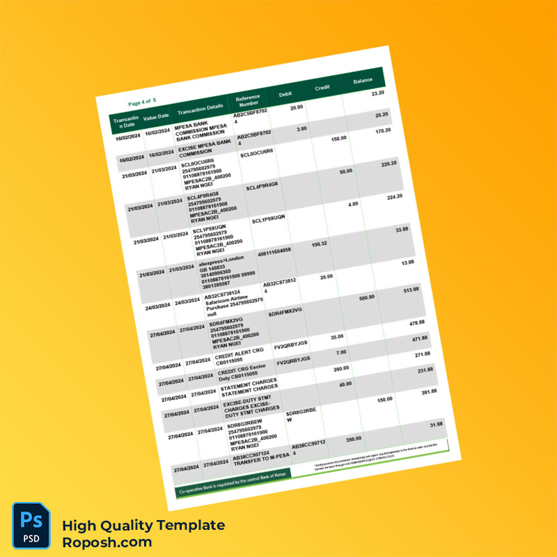 UK Cooperative Bank Statement Template in Word and PDF formats 5 page UK Cooperative Bank Statement Template in Word and PDF formats 5 page