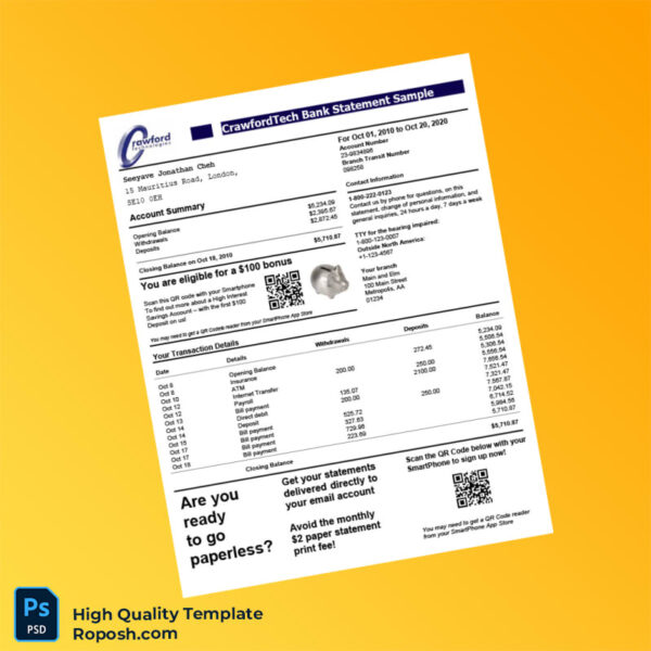 UK Document Type_ Bank Statement Template in Word and PDF formats 2 page