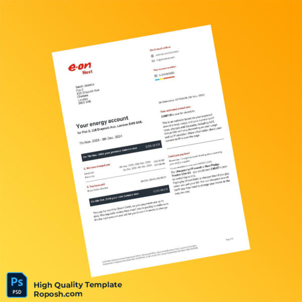 UK E ON Editable Utility Bill Template in Word and PDF formats 3 page