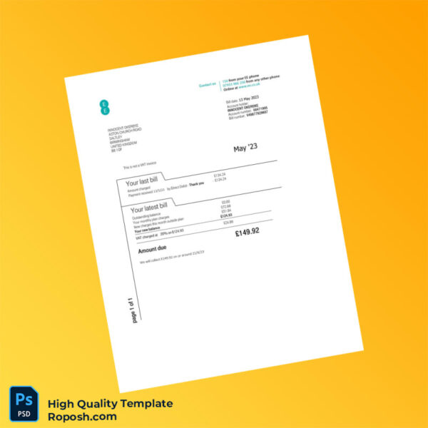 UK EE Editable Utility Bill Template in Word and PDF formats