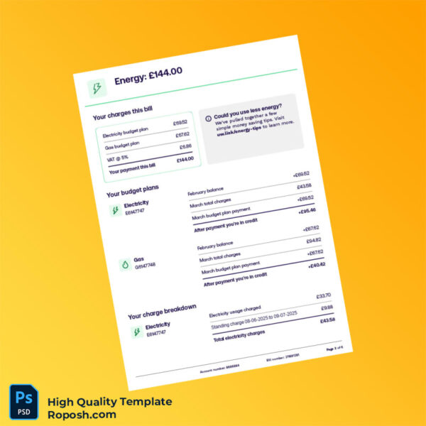UK Electricity Provider Editable Utility Bill Template in Word and PDF formats 6 page
