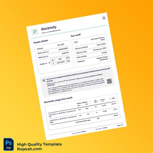 UK Electricity Provider Editable Utility Bill Template in Word and PDF formats 6 page