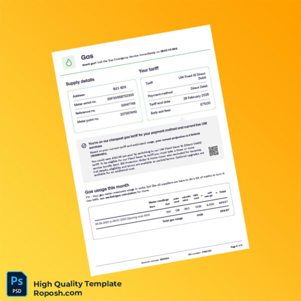 UK Electricity Provider Editable Utility Bill Template in Word and PDF formats 6 page