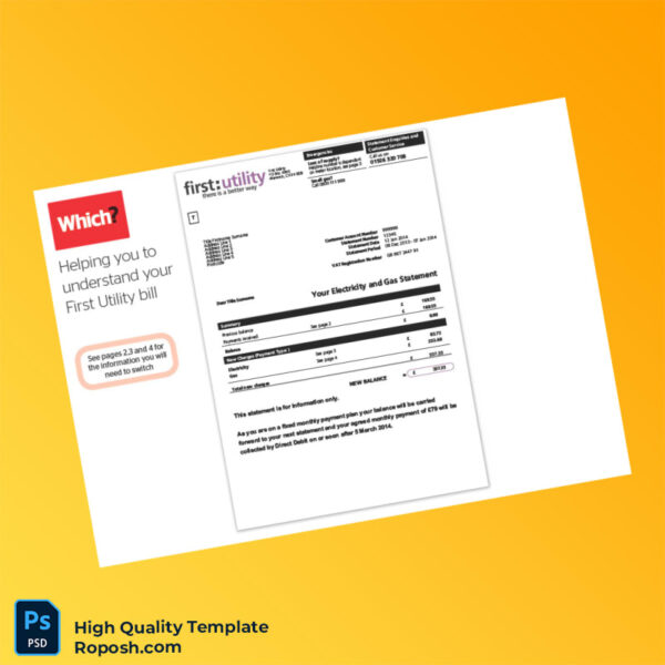 UK First Utility Editable Utility Bill Template in Word and PDF formats 6 page