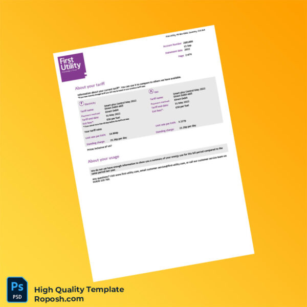 UK First Utility Editable Utility Bill Template in Word and PDF formats 6 page