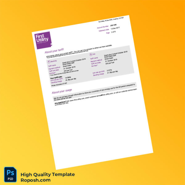UK First Utility Editable Utility Bill Template in Word and PDF formats 6 page