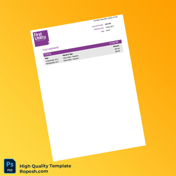 UK First Utility Editable Utility Bill Template in Word and PDF formats 6 page