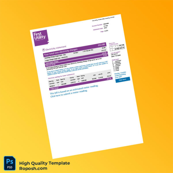 UK First Utility Editable Utility Bill Template in Word and PDF formats 6 page
