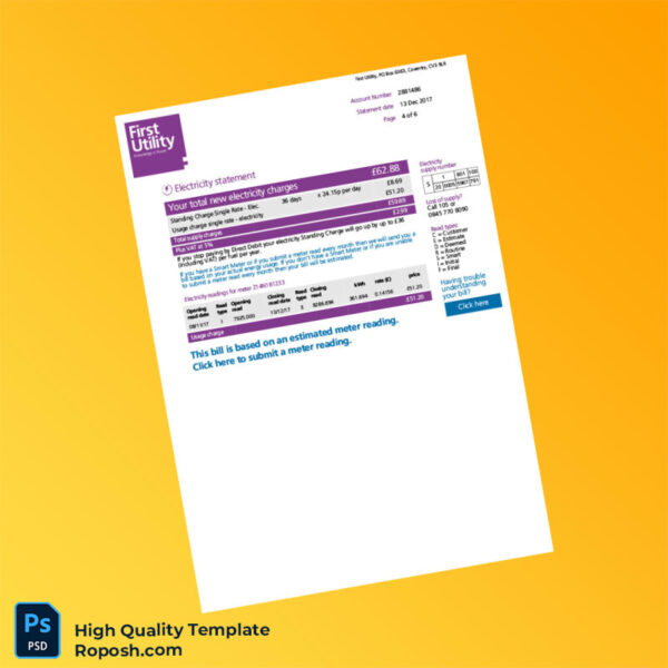 UK First Utility Editable Utility Bill Template in Word and PDF formats 6 page
