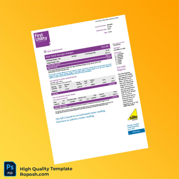 UK First Utility Editable Utility Bill Template in Word and PDF formats 6 page