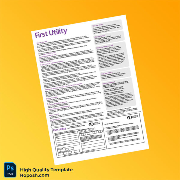 UK First Utility Editable Utility Bill Template in Word and PDF formats 6 page