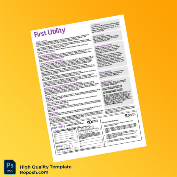UK First Utility Editable Utility Bill Template in Word and PDF formats 6 page