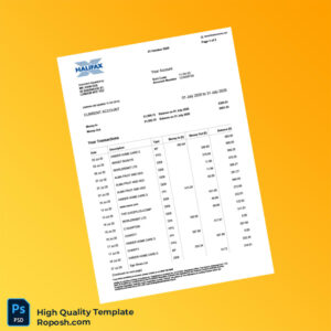 UK Halifax Current Account Statement Template in Word and PDF formats 2 page