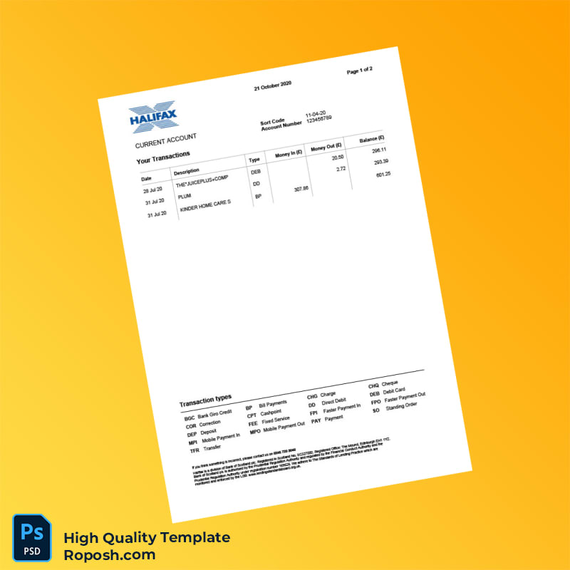 UK Halifax Current Account Statement Template in Word and PDF formats 2 page UK Halifax Current Account Statement Template in Word and PDF formats 2 page
