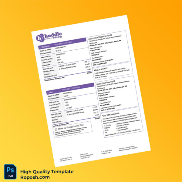 UK Huddle Energy Editable Utility Bill Template in Word and PDF formats 4 page