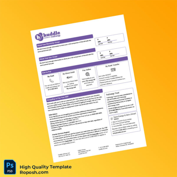 UK Huddle Energy Editable Utility Bill Template in Word and PDF formats 4 page