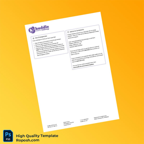 UK Huddle Energy Editable Utility Bill Template in Word and PDF formats 4 page