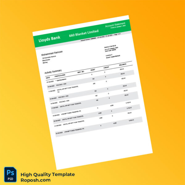 UK Lloyds Bank Bank Statement Template in Word and PDF formats 3 page