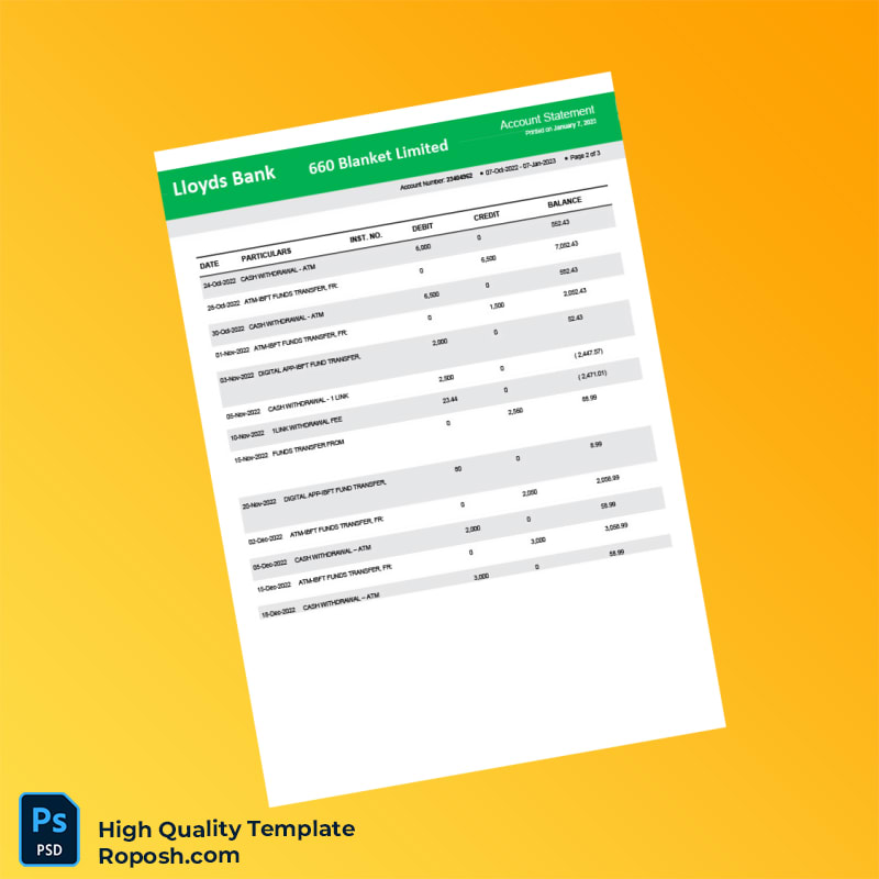 UK Lloyds Bank Bank Statement Template in Word and PDF formats 3 page UK Lloyds Bank Bank Statement Template in Word and PDF formats 3 page